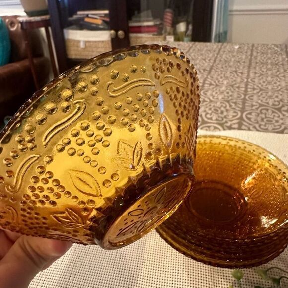 Vintage No Brand Amber Glass Fruit / Dessert  Bowl Set of 6 Textured Fairy Glass - Picture 6 of 9